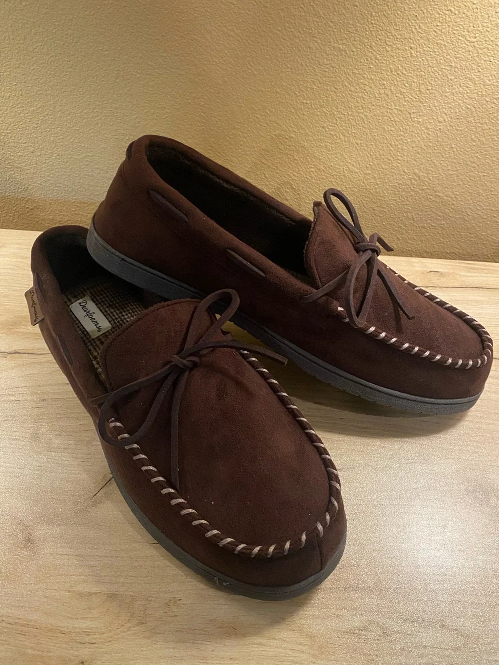 DEARFOAMS mens XL 13 14 Leather Moccasin Slip-On Loafers in Brown. Worn 1 time